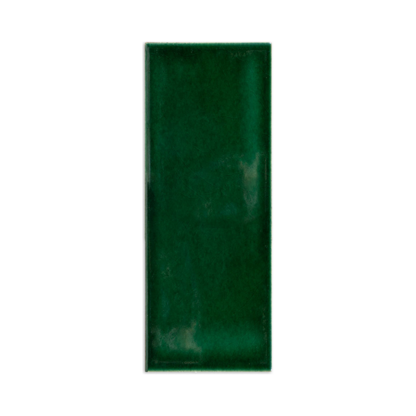 Emerald green tile sample by Clay Imports, rectangular with a glossy, subtly textured surface.