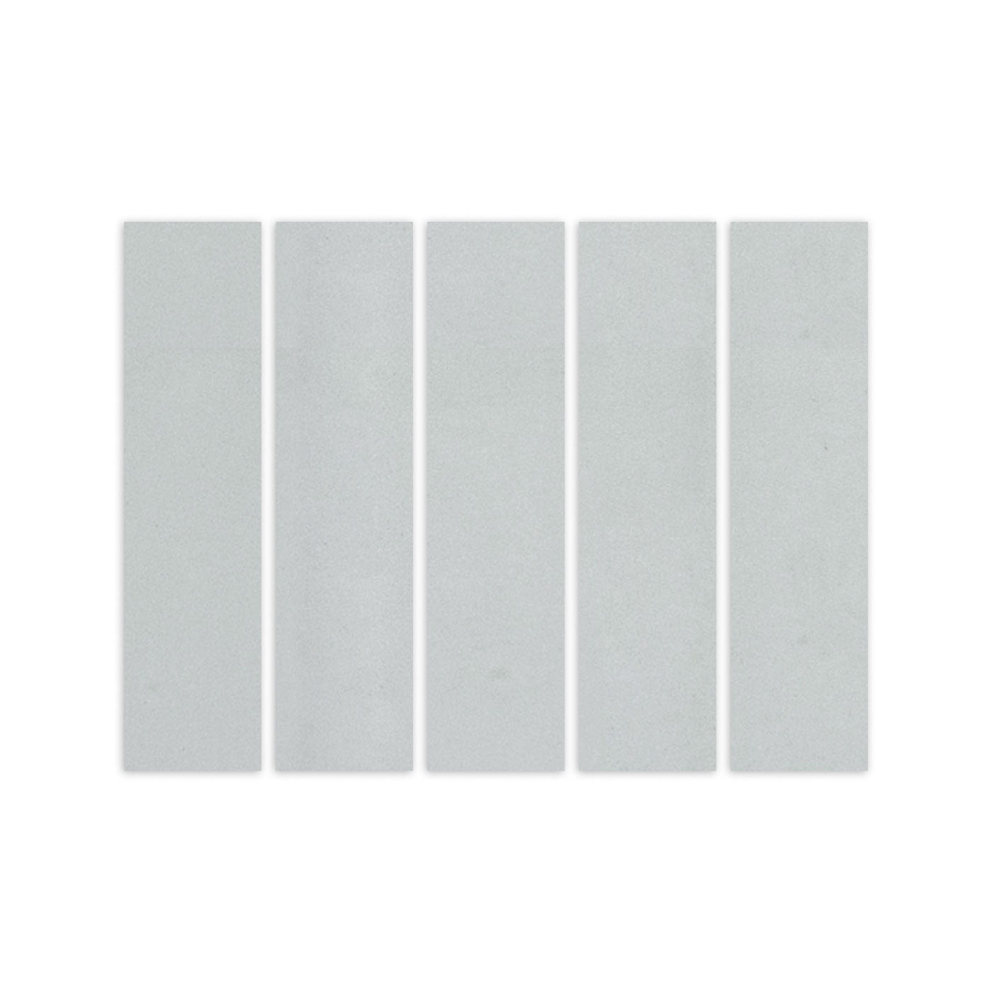 Five light grey rectangular clay tiles by Clay Imports, with a subtle speckled texture, arranged vertically.