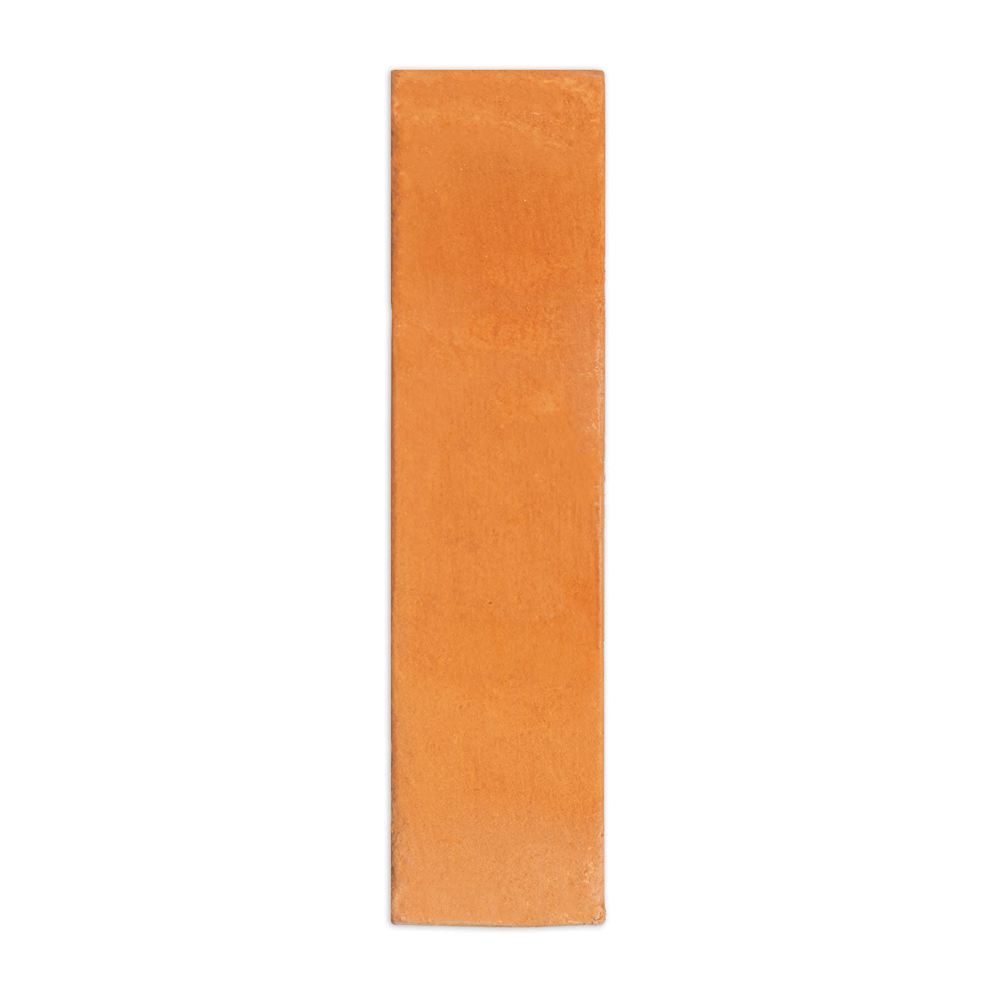 Orange organic terracotta 3x12 tile sample by Clay Imports, a rectangular piece with a rustic texture.