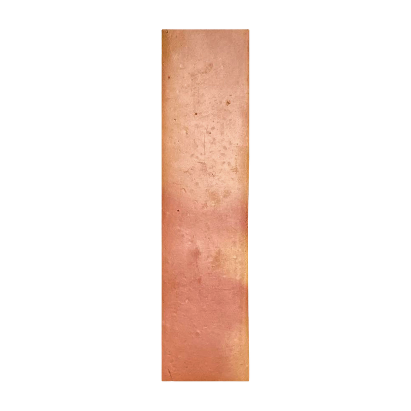 Smooth satin terracotta tile sample by Clay Imports, vertically oriented with subtle color variations and small dark speckles.