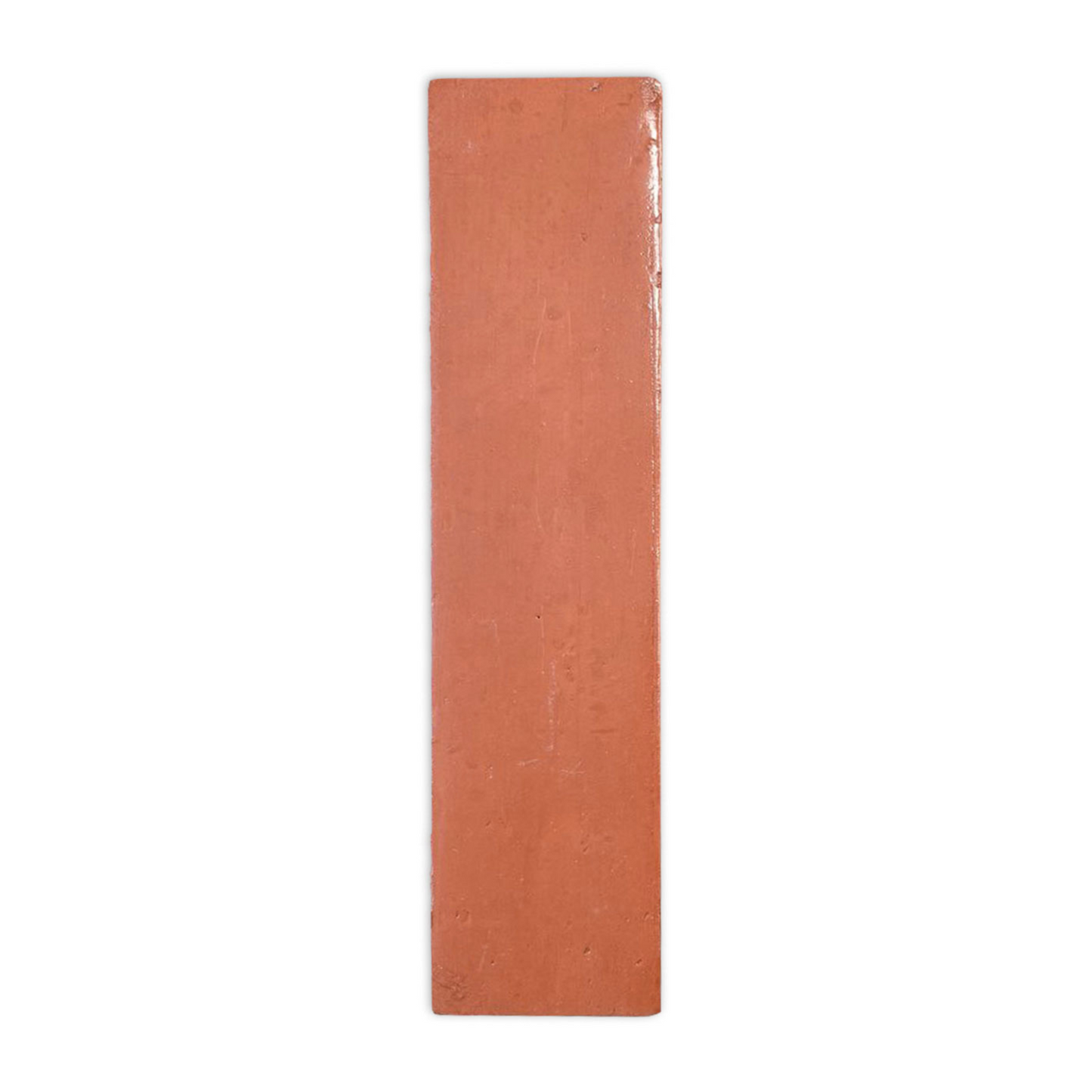 A terracotta smooth gloss rectangular tile sample by Clay Imports, displayed vertically.