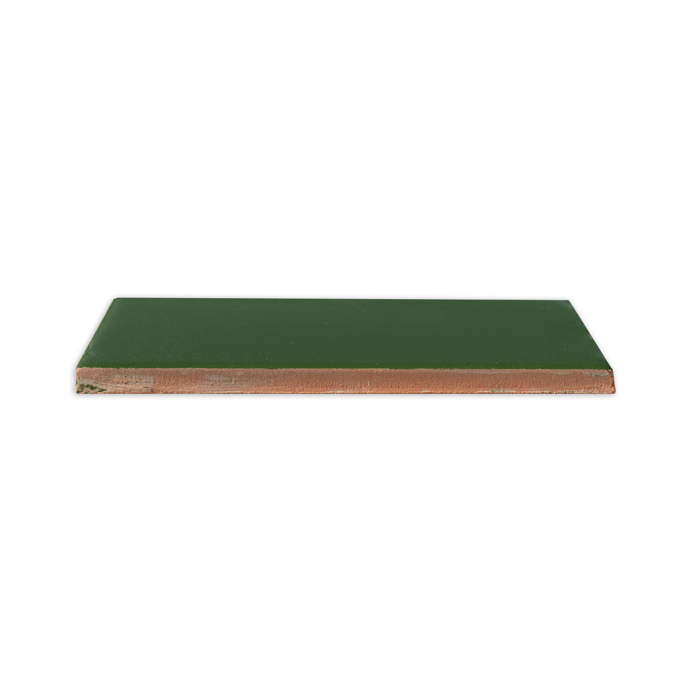 Green glossy ceramic tile by Clay Imports, shown from the side with a reddish-brown unglazed base.