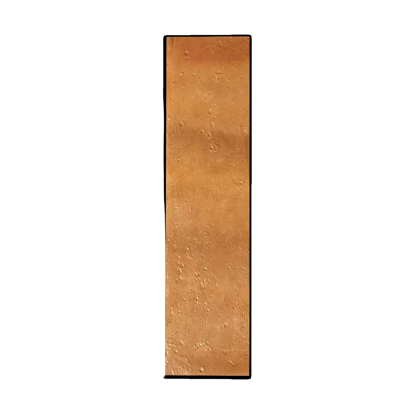 Orange 3x12 Antique Gloss sample tile by Clay Imports with a rough, cratered, terracotta-colored surface.