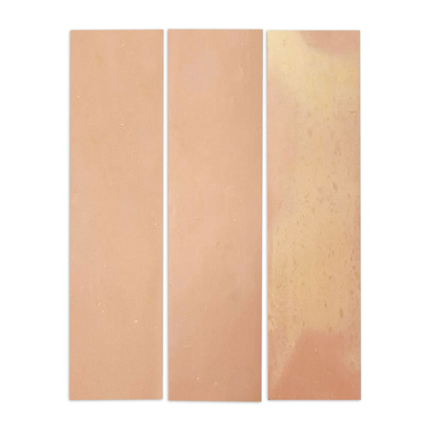 Three smooth matte rectangular sample tiles by Clay Imports in varying shades of peach and light gold, arranged vertically.