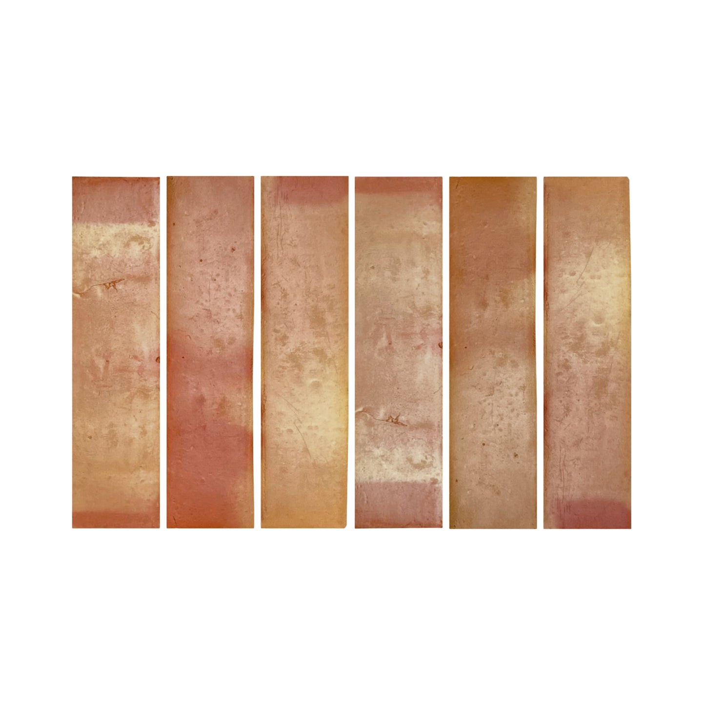 Six smooth satin 3x12 terracotta tiles by Clay Imports, displaying varied reddish-brown and beige tones and natural surface texture.