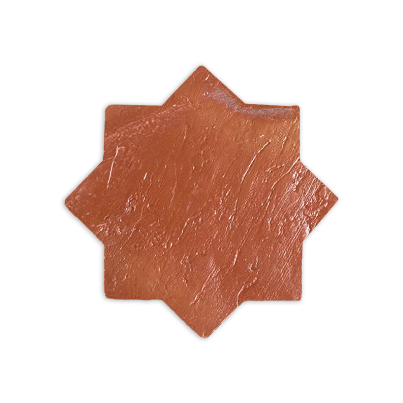 Orange-brown terracotta 8-point mini star tile by Clay Imports with an antique gloss and rustic textured surface.