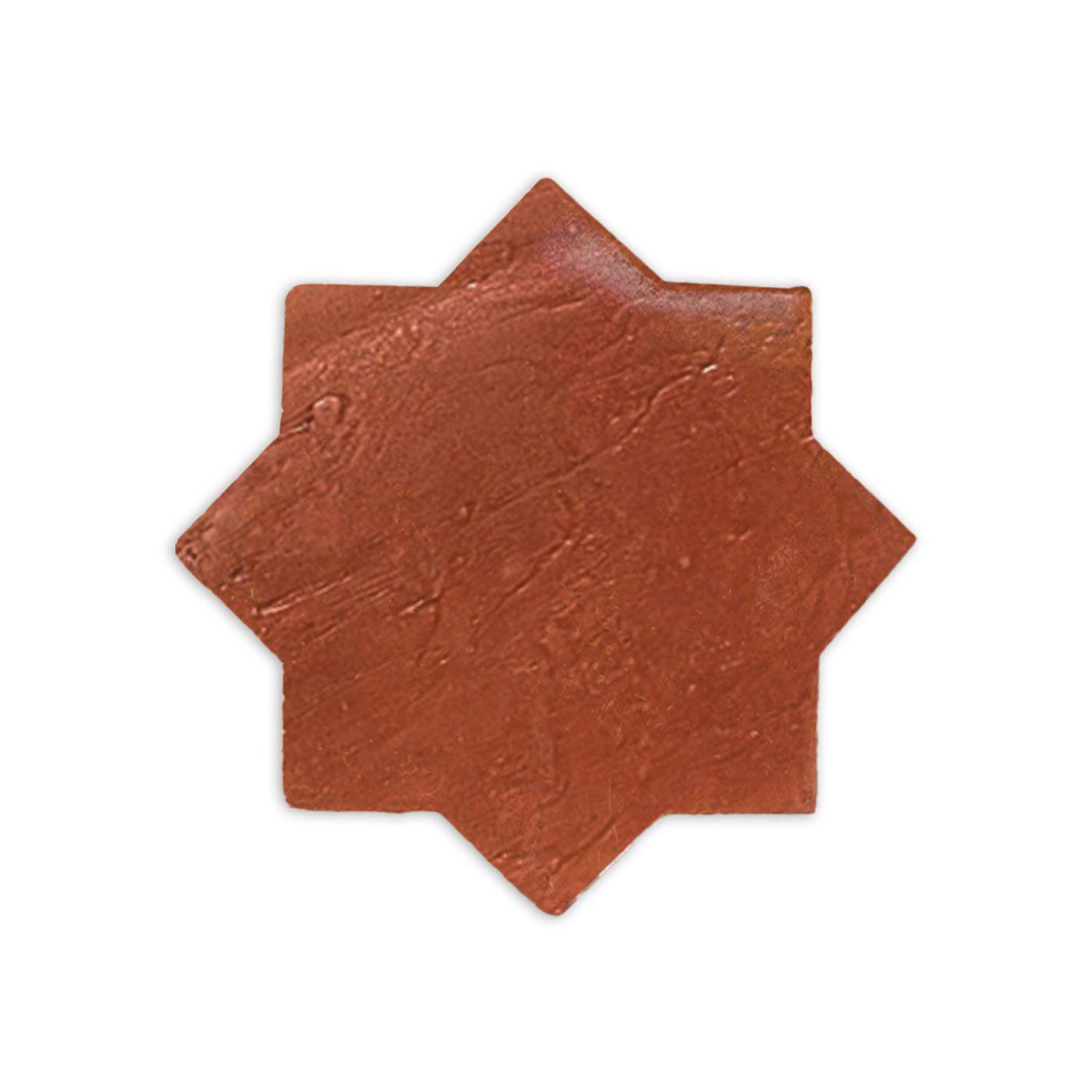 A terracotta Mini Star tile with an antique satin finish by Clay Imports, featuring a reddish-brown, 8-point star shape and a textured surface.
