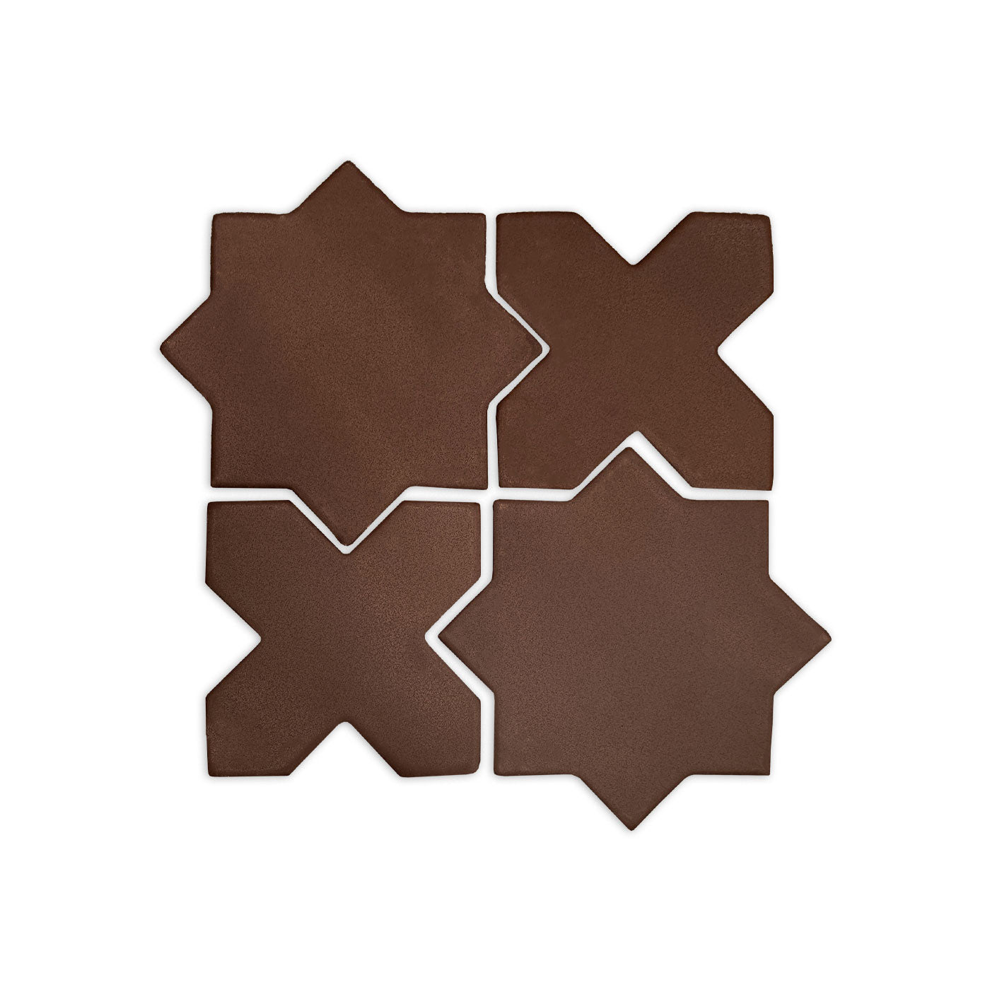 Dark brown solid tiles by Clay Imports, featuring two star and two X-shaped pieces interlocking on a white background.