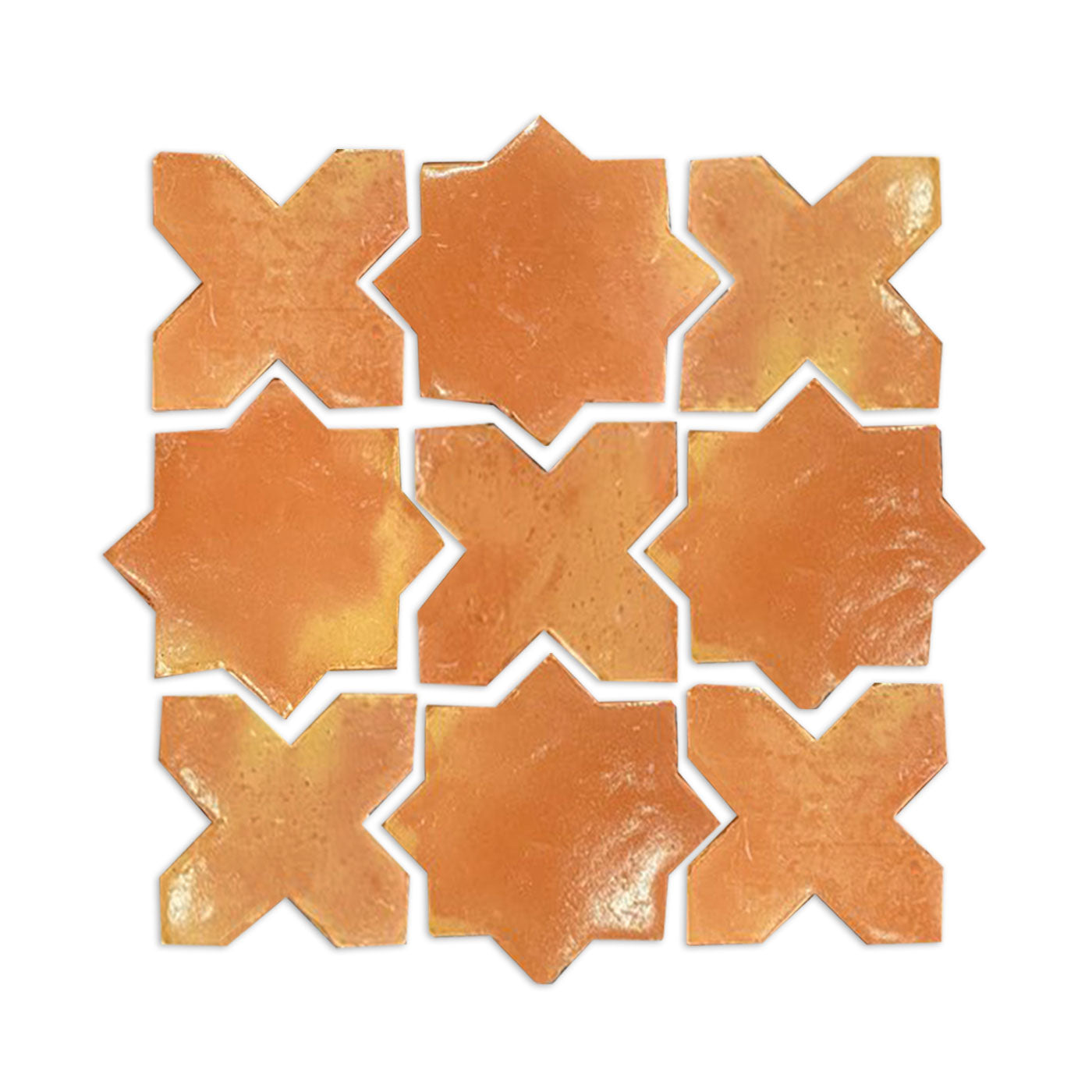 Smooth gloss mini star and cross tile sample by Clay Imports, showing interlocking terracotta pieces.