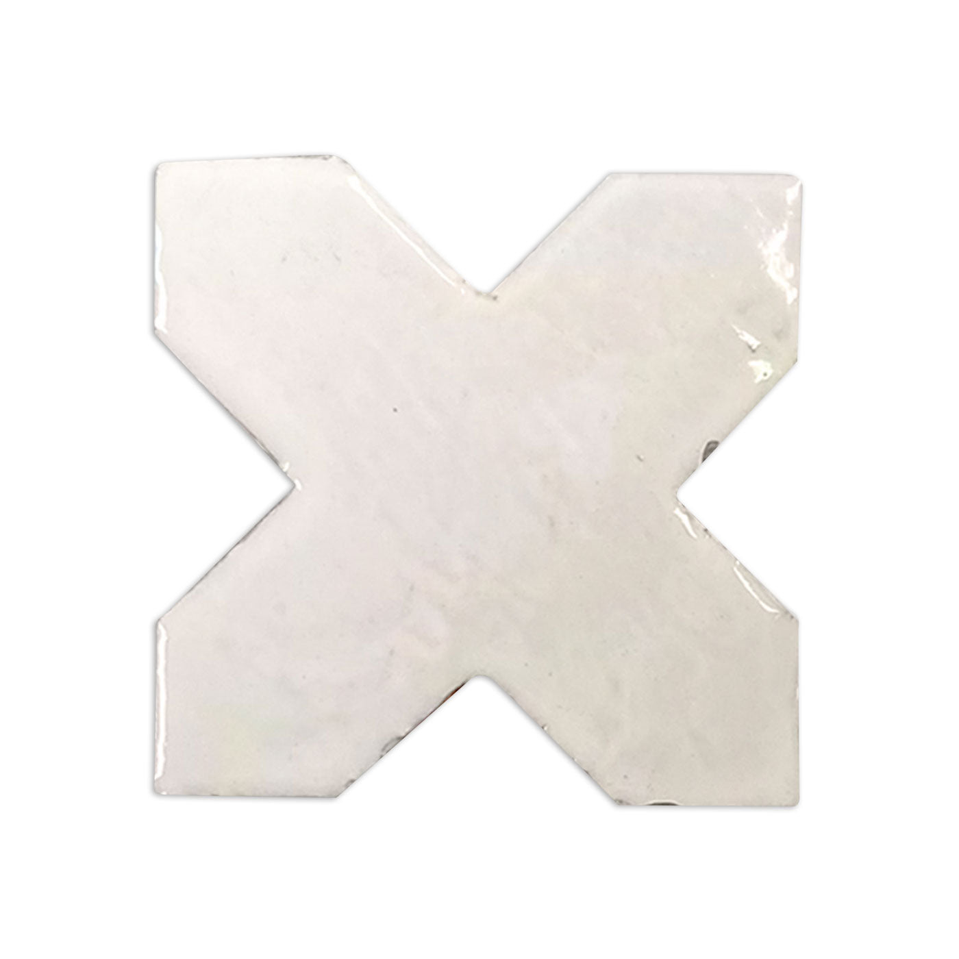 A white glazed sample cross tile from Clay Imports, with a rustic, slightly uneven texture and subtle sheen.