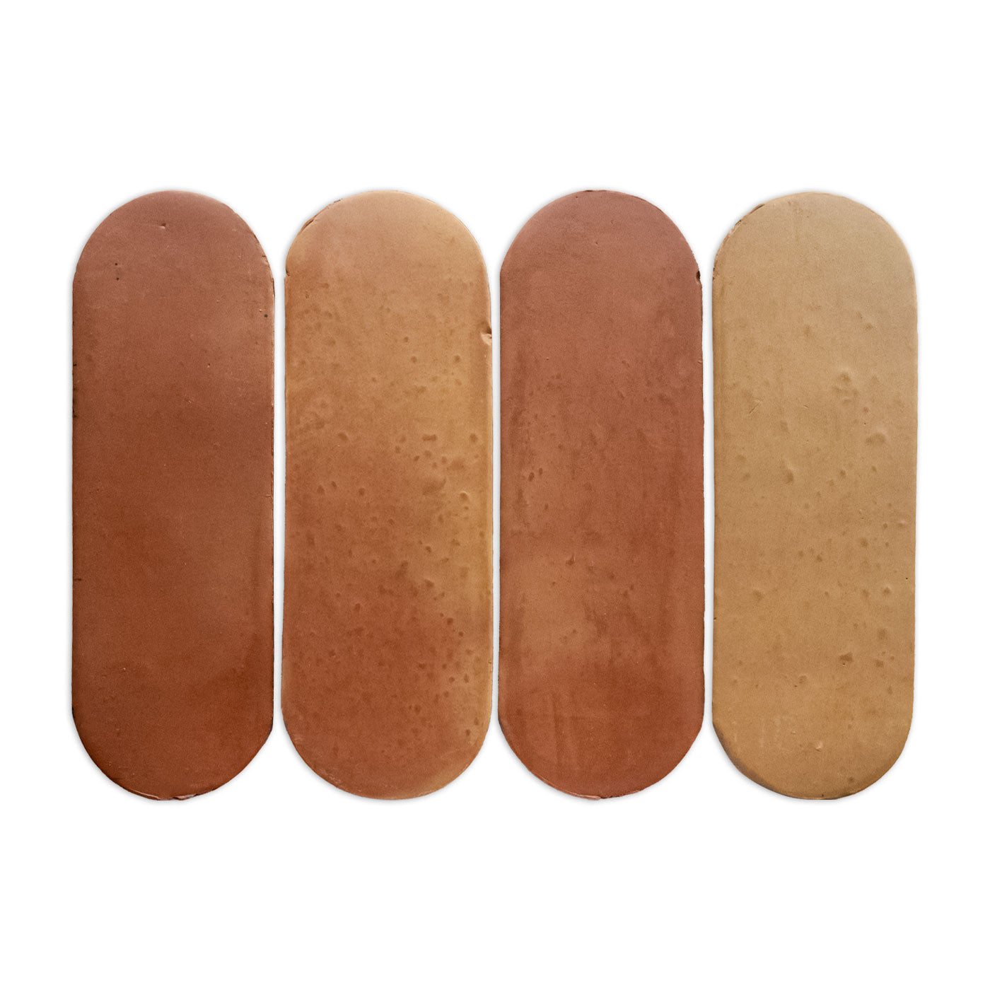 Four Uvas Smooth Satin sample tiles in varying shades of terracotta and light brown by Clay Imports, arranged vertically with rounded ends, showing a smooth texture on a white background.
