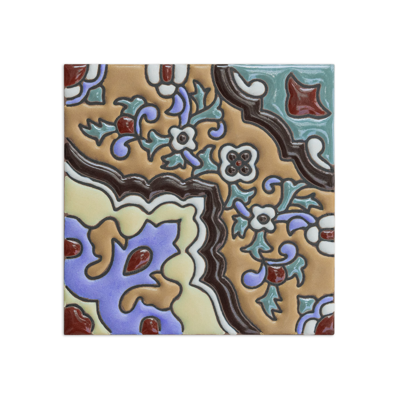 Square sample tile by Clay Imports with a raised, intricate floral pattern in blue, green, red, and brown.