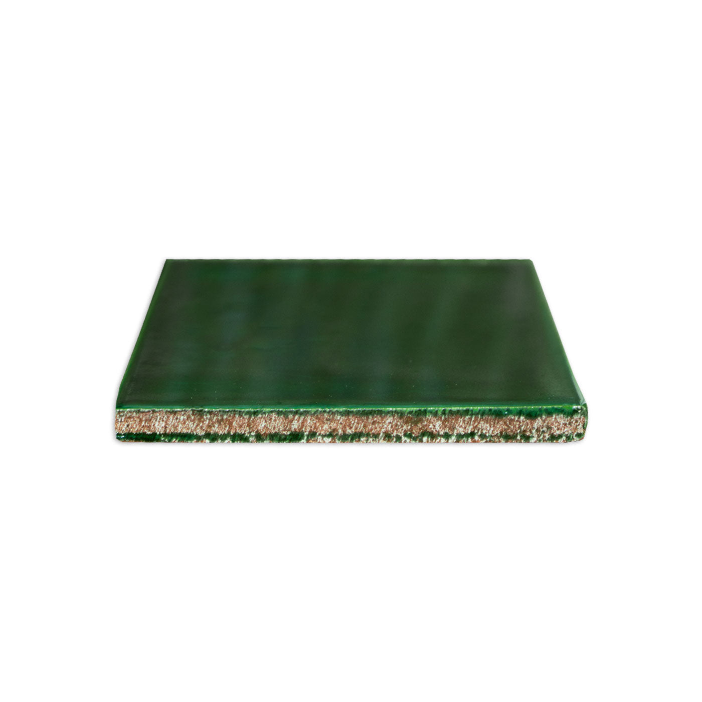 Emerald green solid tile by Clay Imports with a glossy top and visible rough clay edge.