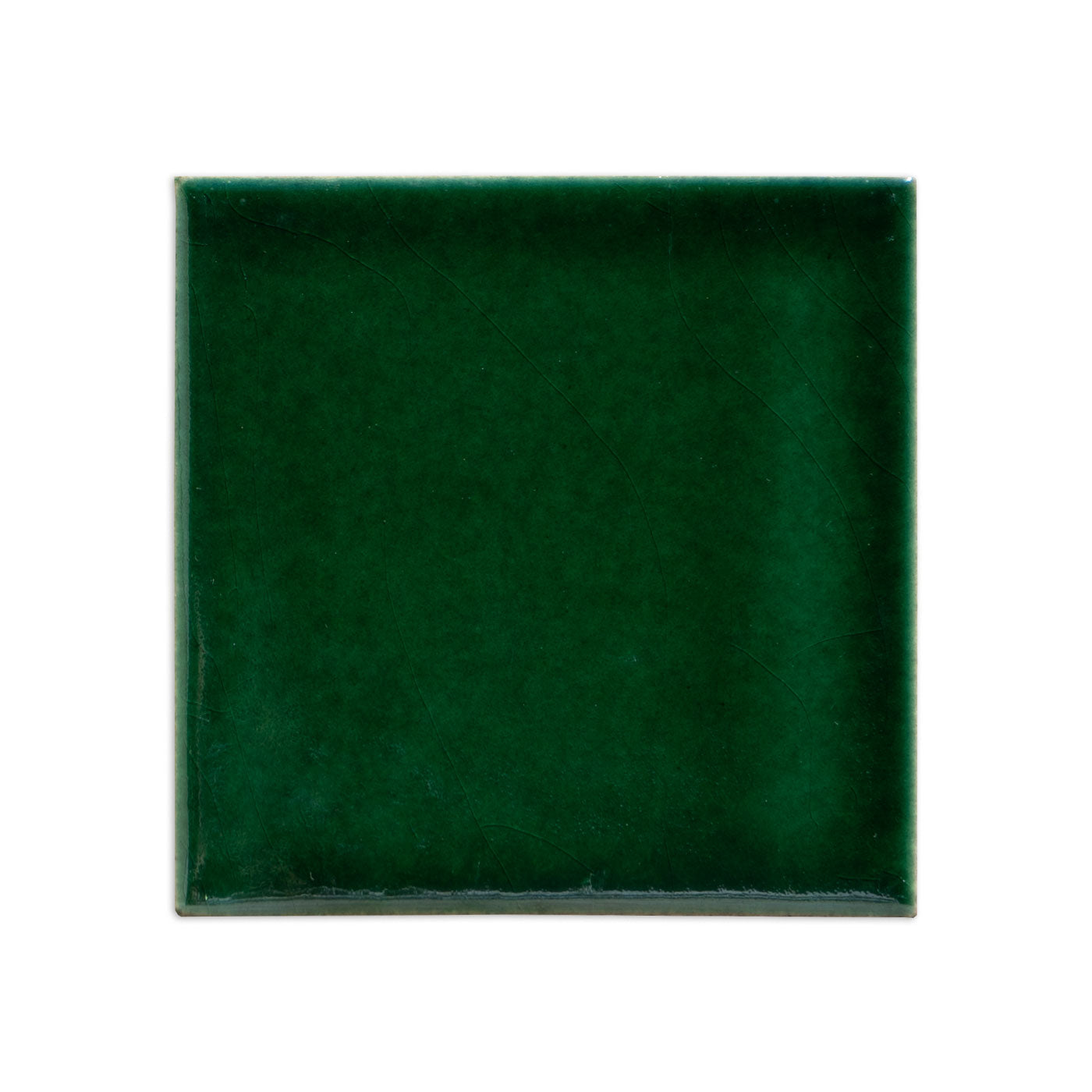 Emerald green tile sample by Clay Imports, a square tile with a glossy, subtly cracked surface.