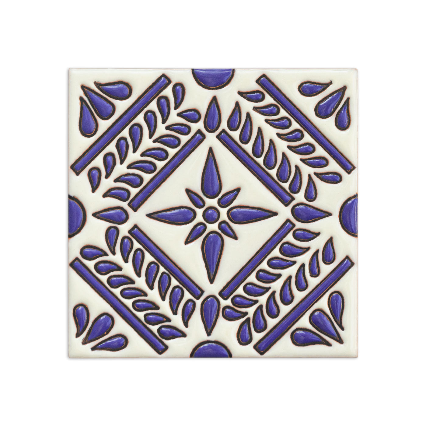White and purple ceramic Relief Mirto tile sample by Clay Imports, featuring a glossy raised floral and leaf design.