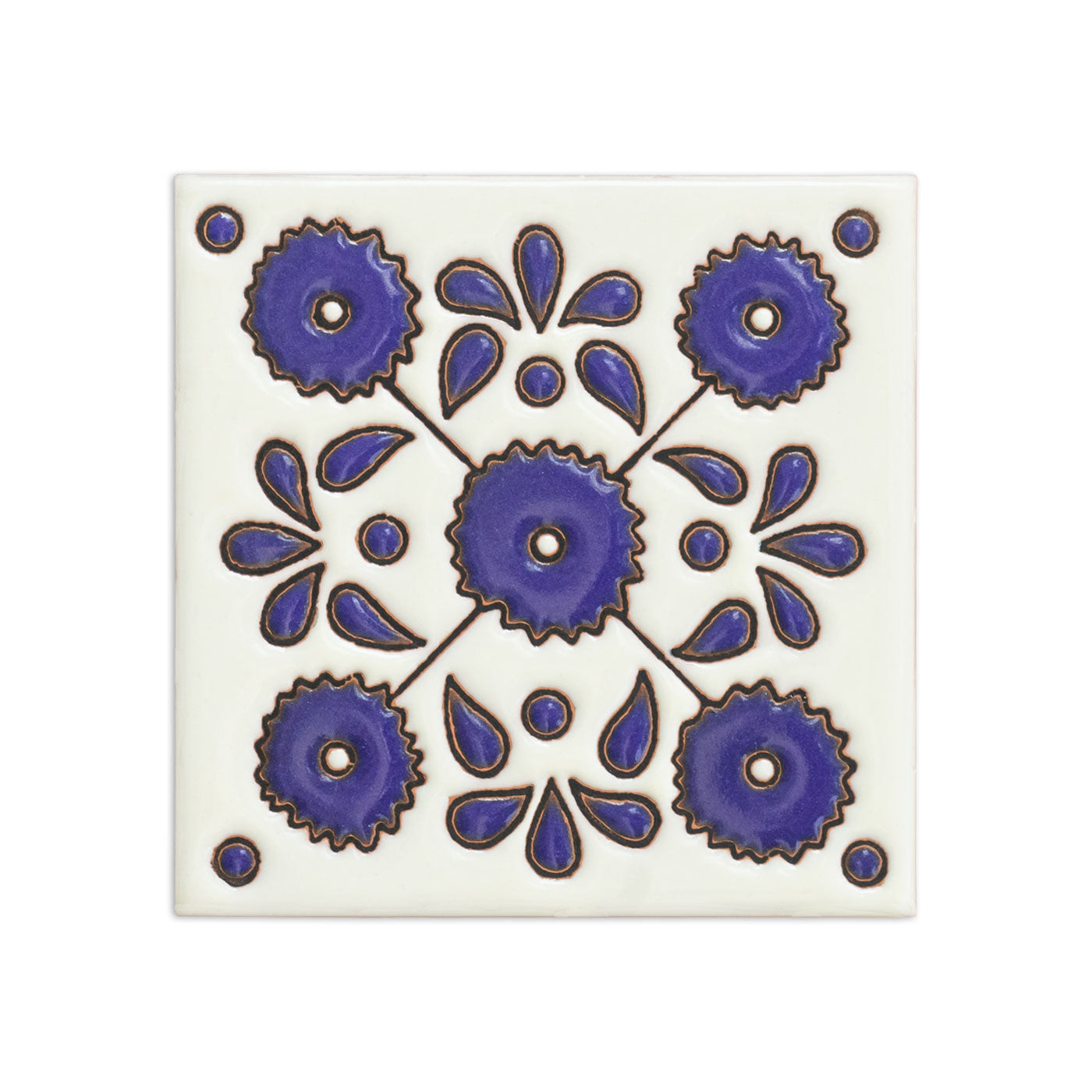 Off-white relief sample tile by Clay Imports with raised deep blue floral patterns and brown outlines.