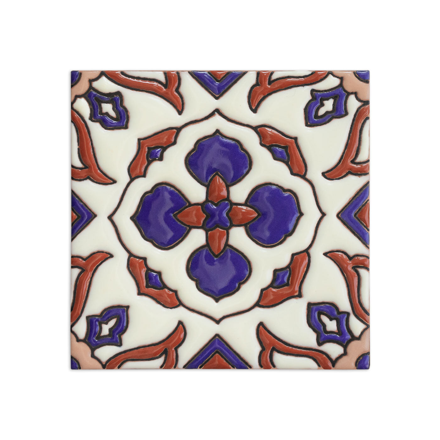 Square relief tile sample, 4.25x4.25 inches, by Clay Imports, with a glossy cream, blue, and terracotta floral pattern.