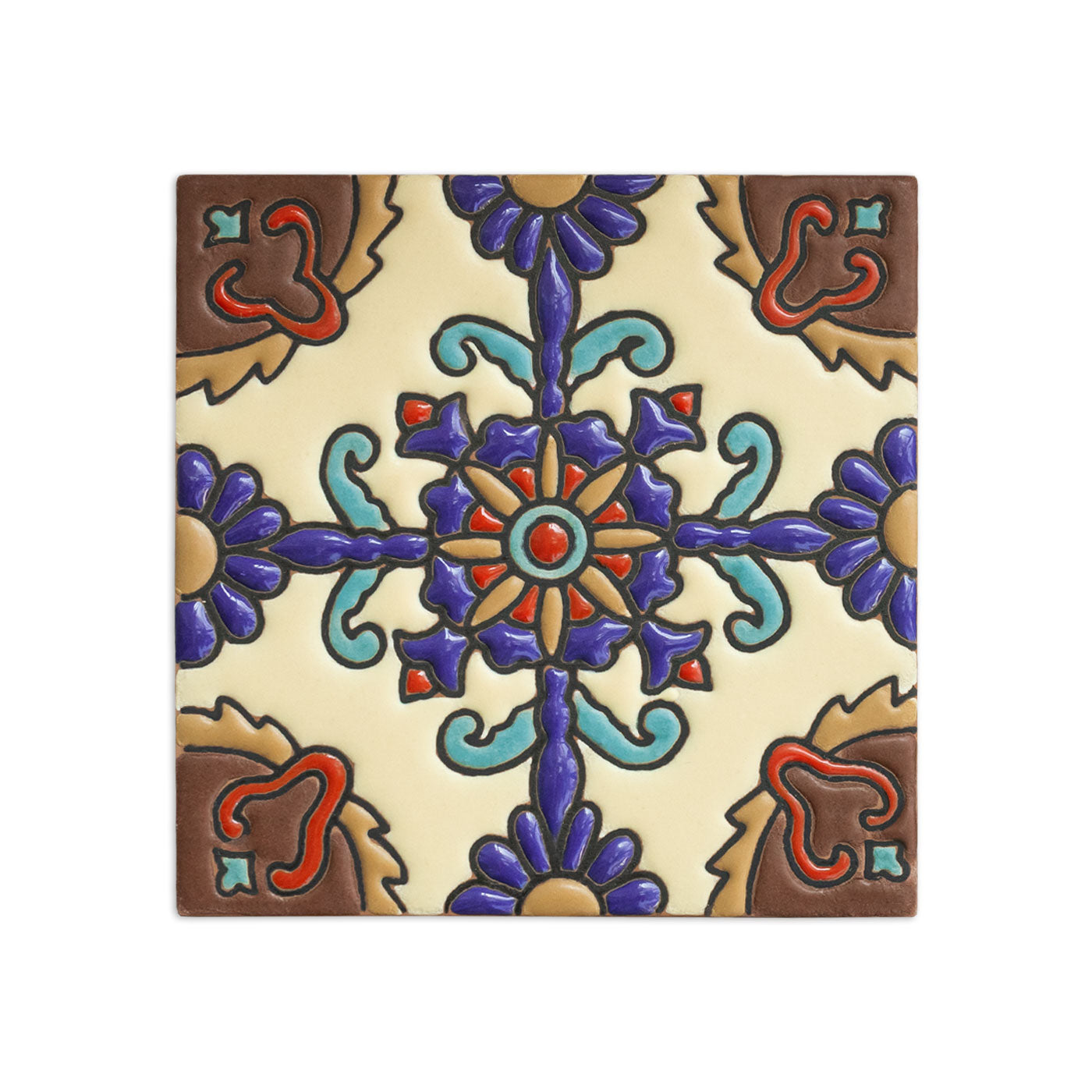 Decorative ceramic relief tile by Clay Imports, featuring a vibrant floral pattern in blue, red, and teal on a cream background.