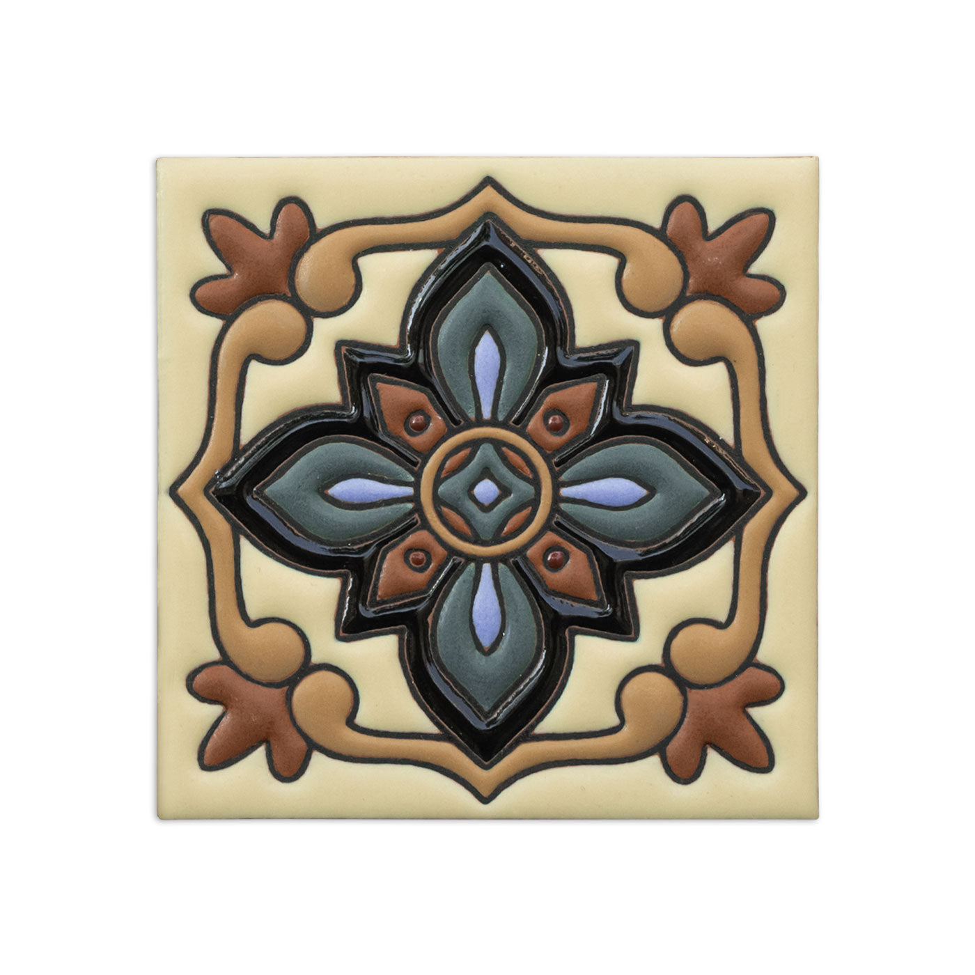 Cream Relief Topanga sample tile by Clay Imports, with a raised multi-color floral and geometric pattern.