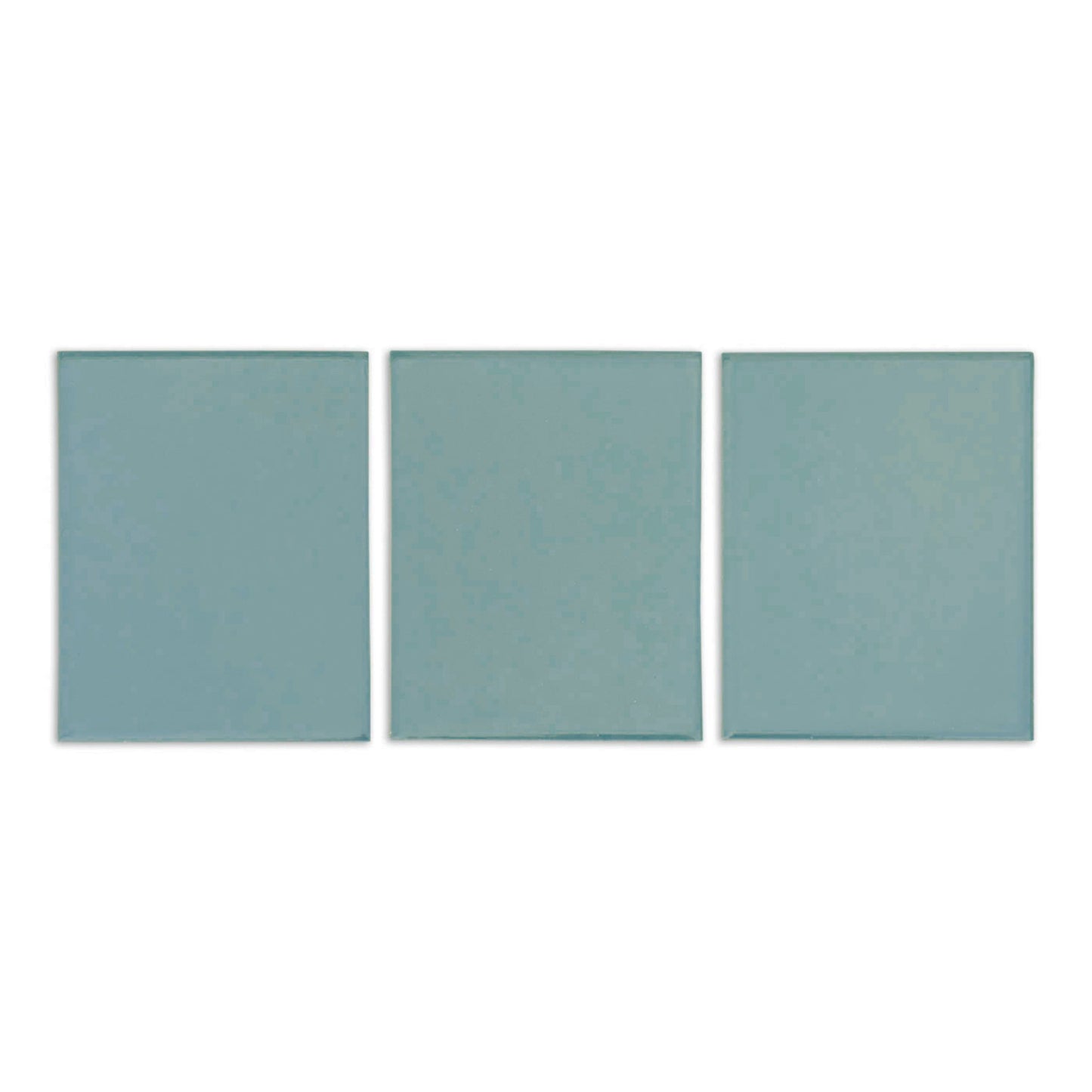 Three light blue-green square tile samples by Clay Imports with a glossy finish and subtle mottled texture, arranged side-by-side.