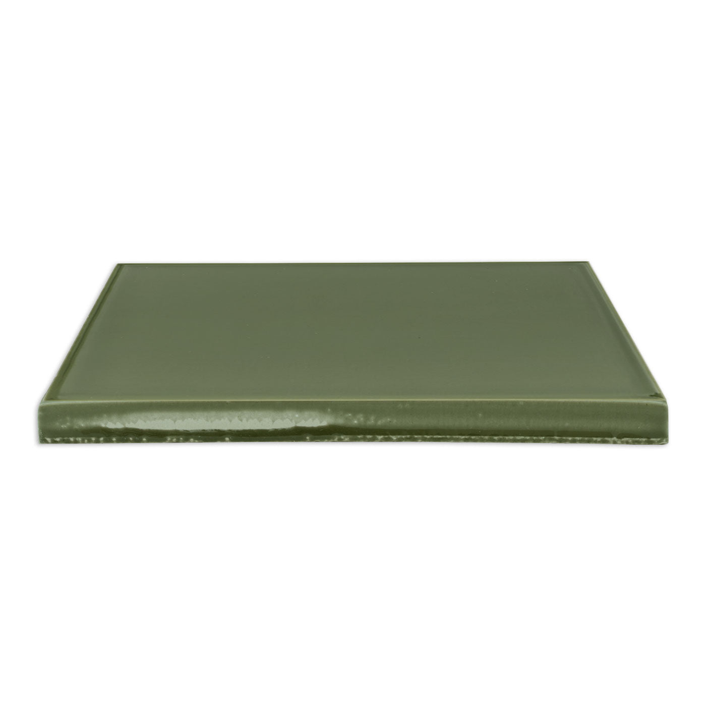 Glossy olive green solid tile by Clay Imports, rectangular, viewed from the side.