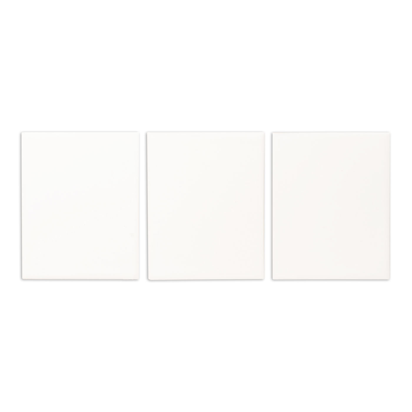 Three Mirage Matte white samples from Clay Imports, 4x5 size, arranged side-by-side.