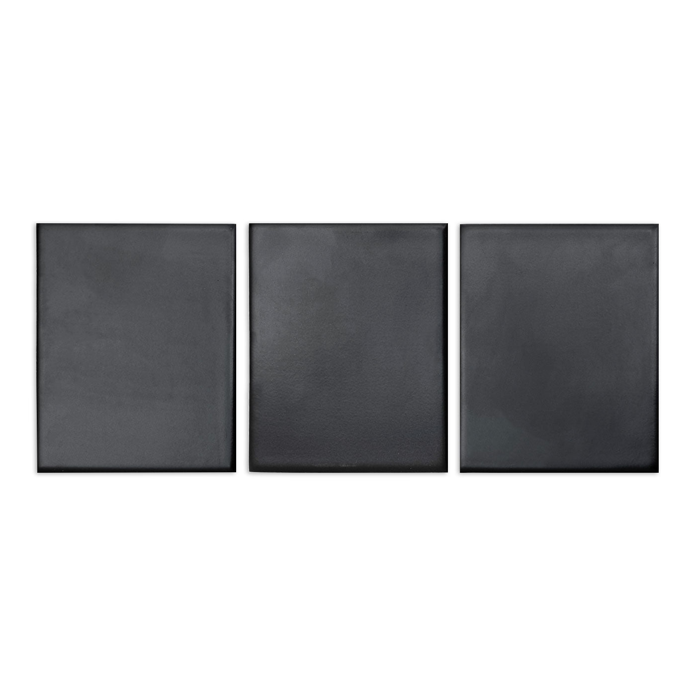 Three Nightfall Matte 4x5 tile samples by Clay Imports, dark gray rectangles.