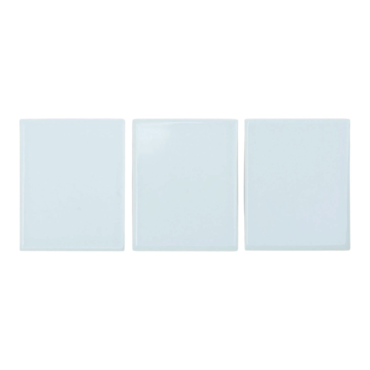 Light blue glossy Oasis Gloss 4x5 sample by Clay Imports, displayed as three individual rectangular tiles.