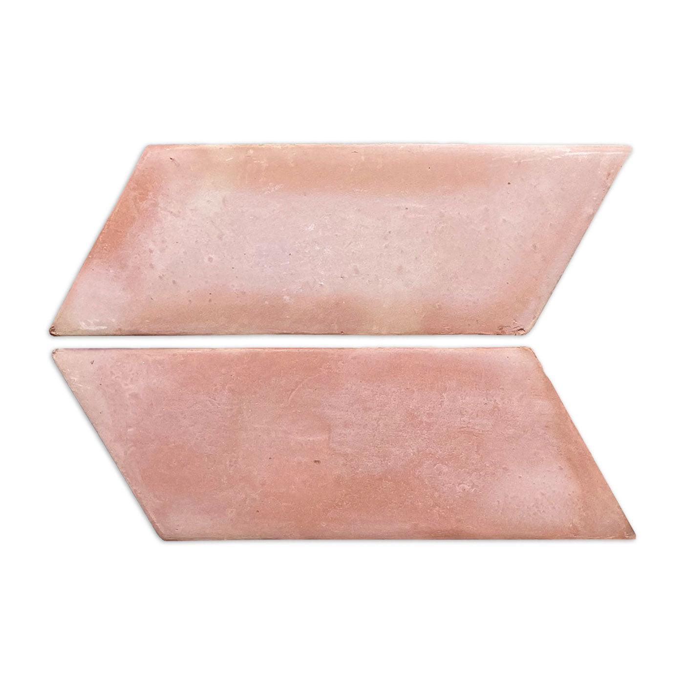 Two reddish-pink smooth matte parallelogram sample tiles by Clay Imports, displayed on a white background.