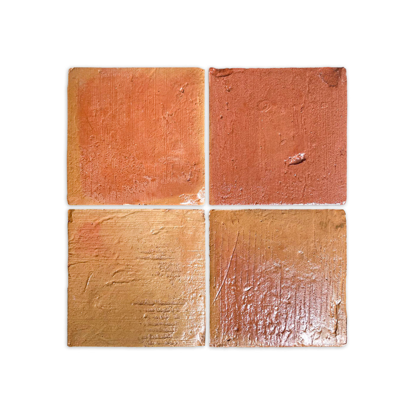 Four square Antique Gloss Terracotta Samples by Clay Imports, with varied reddish-brown and earthy tones, showcasing rough, textured surfaces.
