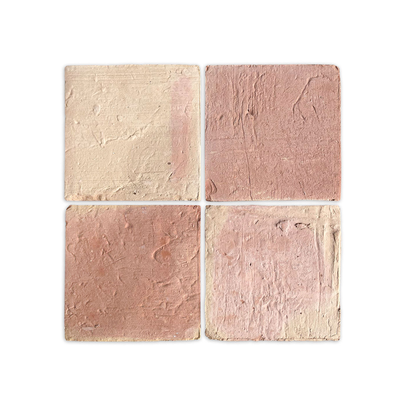Four antique matte terracotta samples by Clay Imports, in varying light cream and reddish-brown square pieces with textured surfaces.