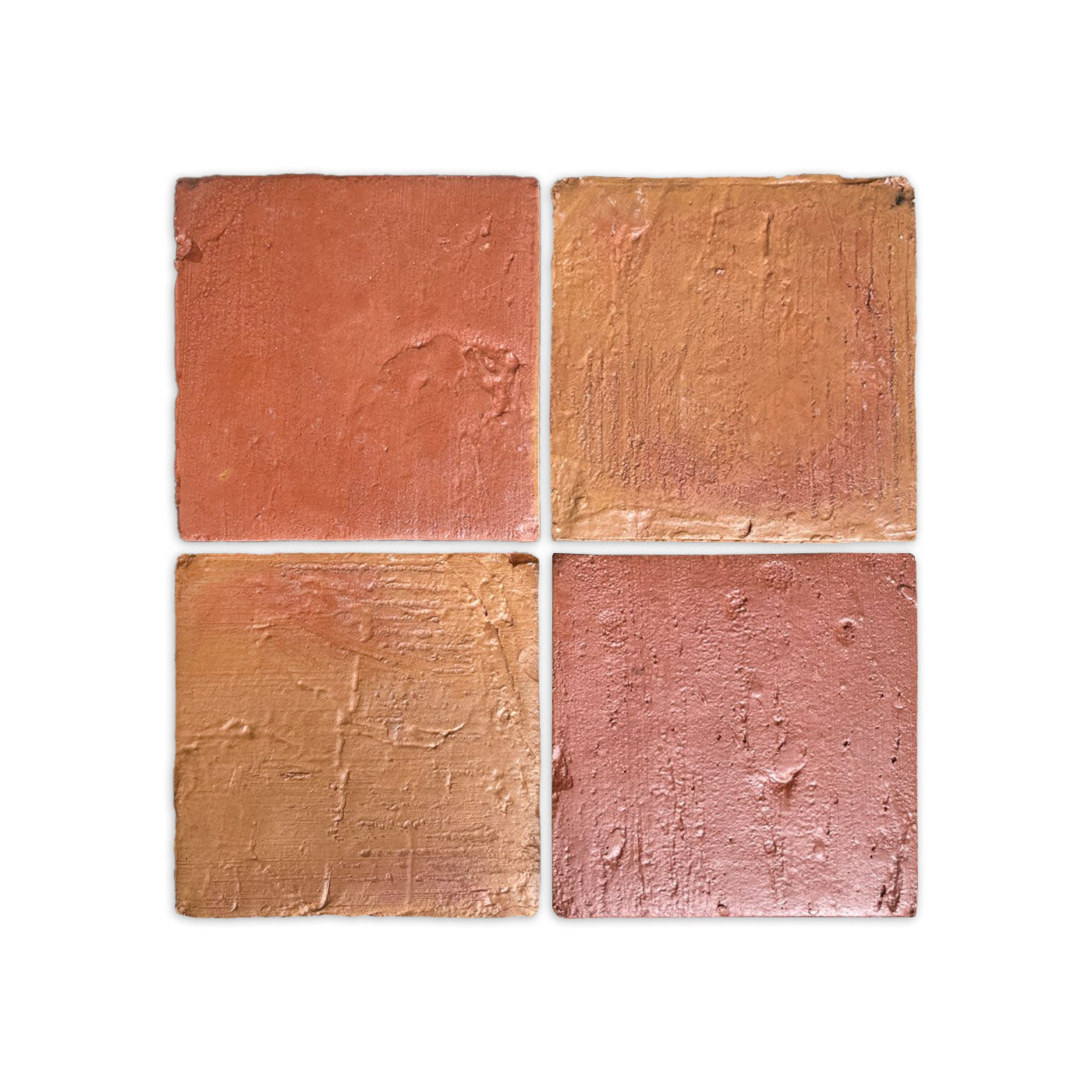 Four antique satin terracotta sample tiles by Clay Imports, in varying reddish-brown hues with textured surfaces, arranged in a grid.