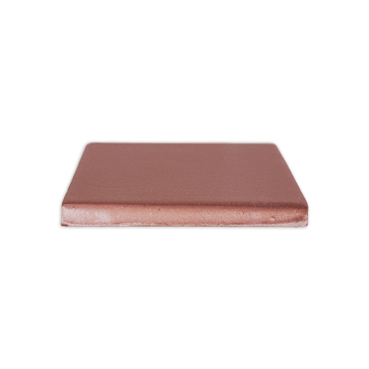 Reddish-brown square clay tile by Clay Imports, shown in a side view revealing its matte finish and thick profile.