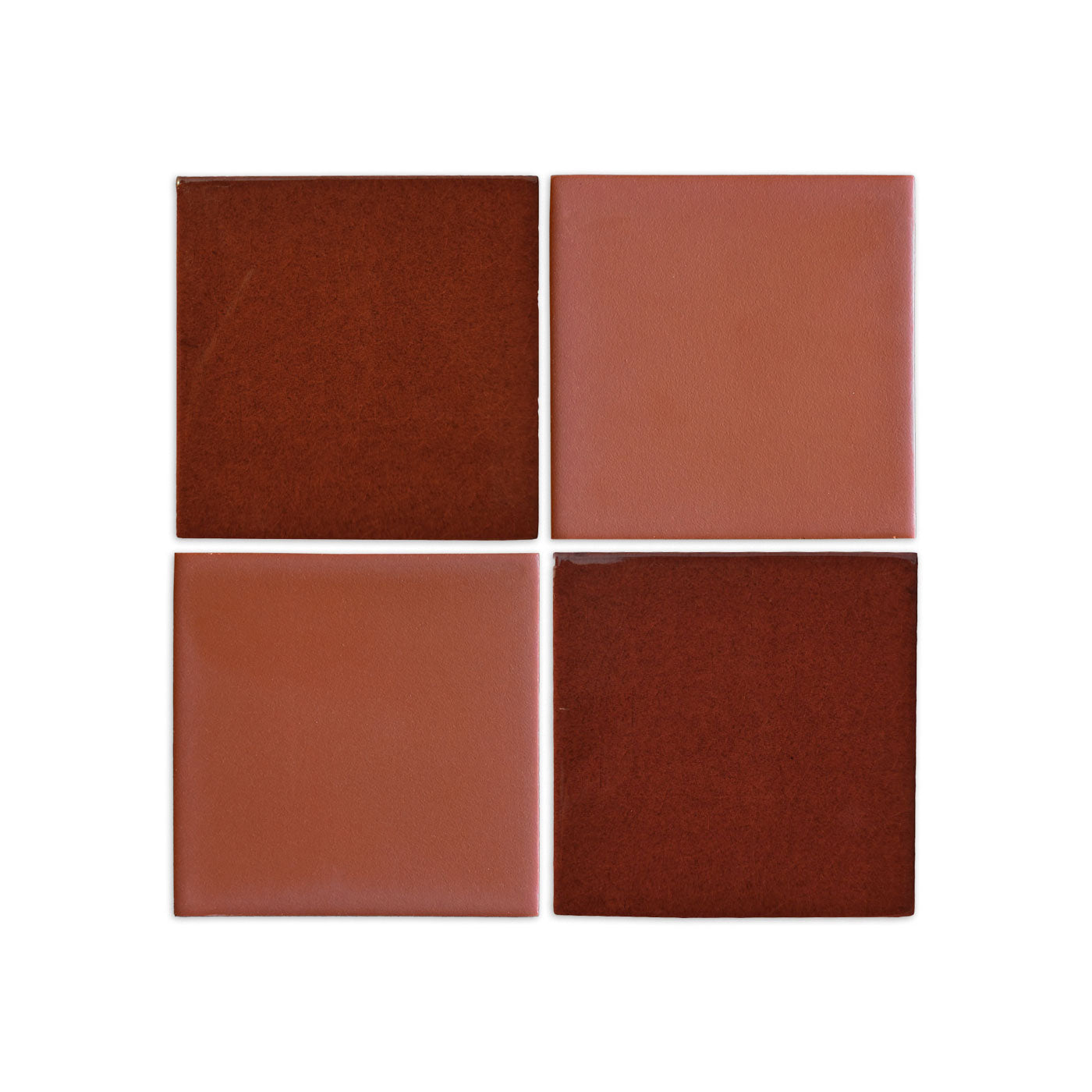 4.25x4.25 inch square terracotta tiles by Clay Imports in varying shades of rustic red and brown, arranged in a grid.
