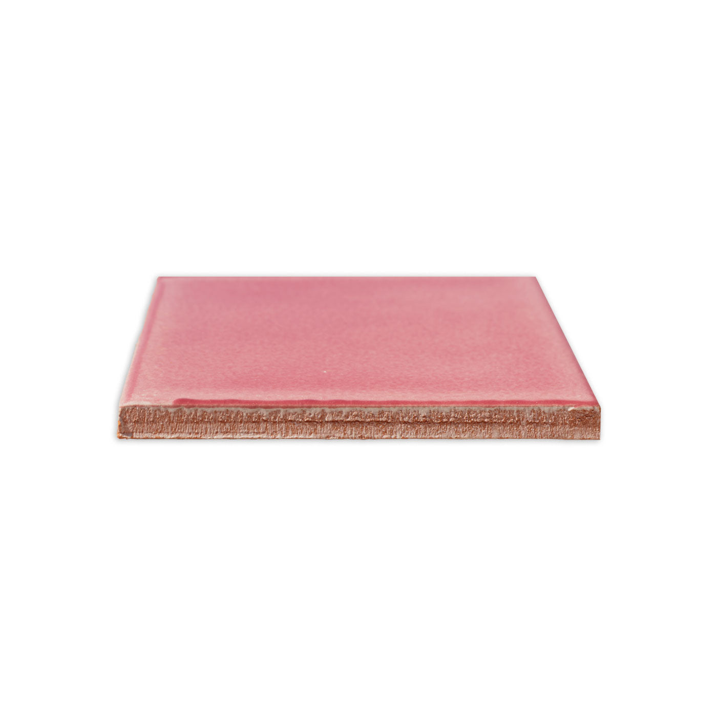 Pink 4.25x4.25 solid tile by Clay Imports with a crackled glaze and visible reddish-brown clay core, shown in side view.