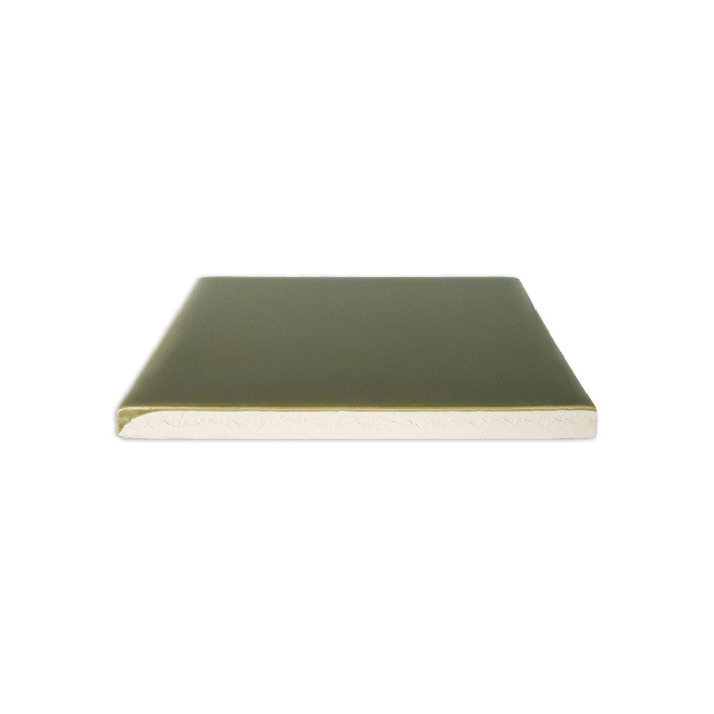 Glossy green solid tile by Clay Imports, a single square piece with an unglazed ceramic edge.