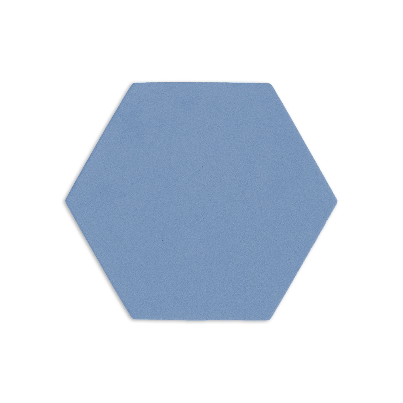 Denim blue hexagon clay tile by Clay Imports with a matte, textured surface and a soft shadow.