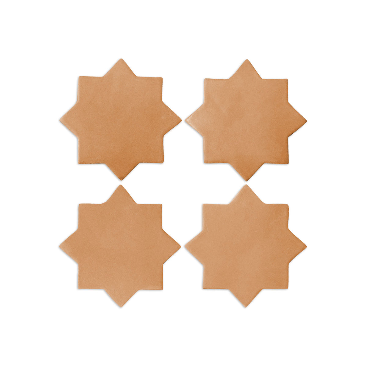 Four star-shaped terracotta tiles by Clay Imports, featuring an 8-point design, arranged on a white background.