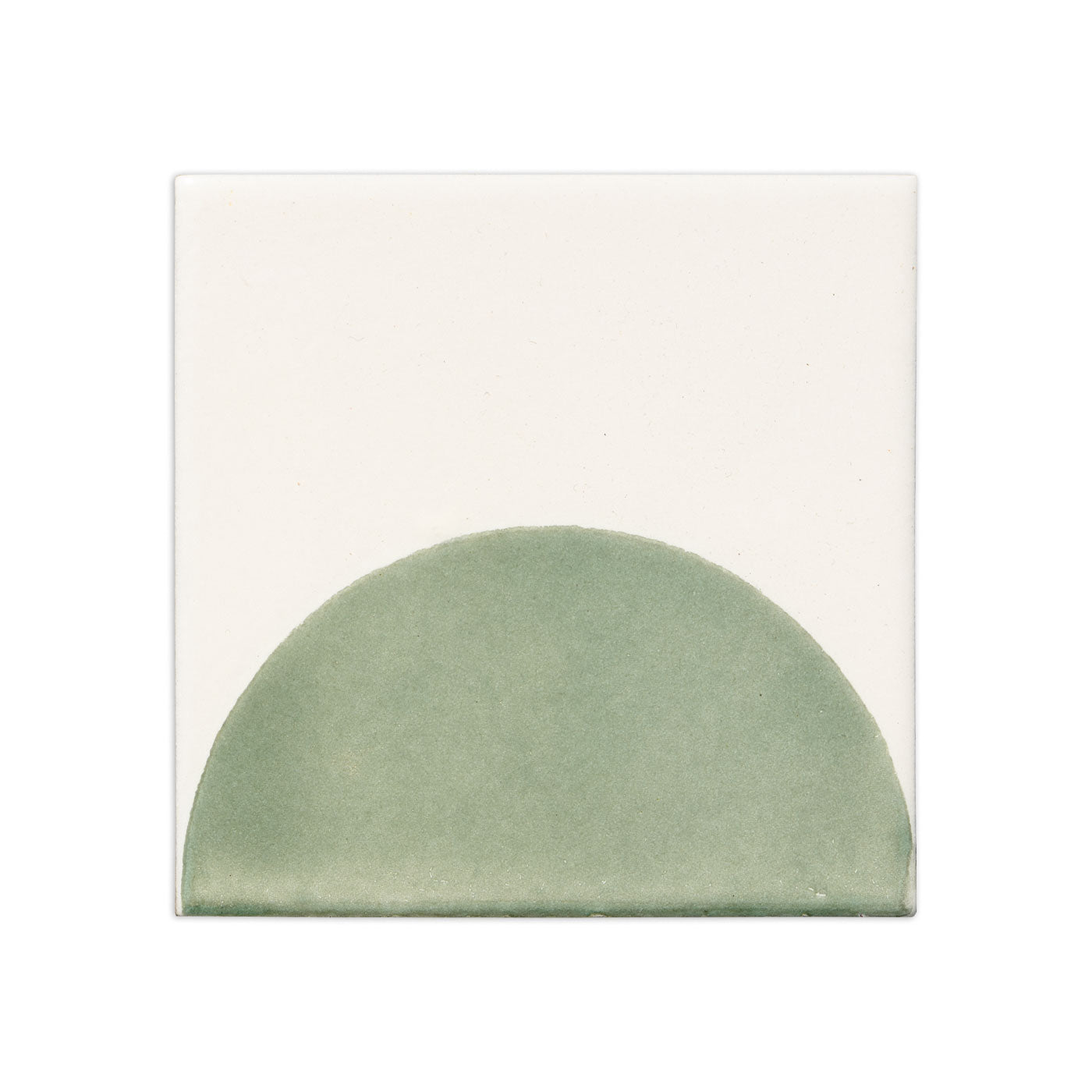 Off-white solid tile with a green Mod Meadow semicircular design by Clay Imports, showing subtle texture.