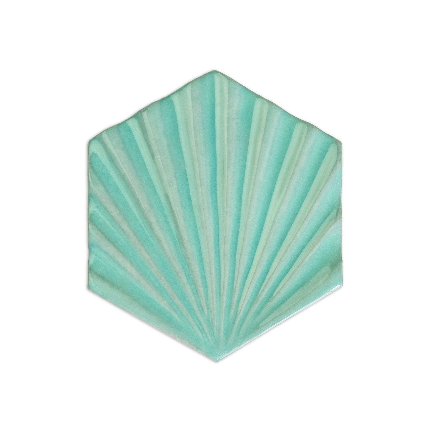 Hexagonal teal sample tile by Clay Imports with a fanned shell pattern and glossy finish.