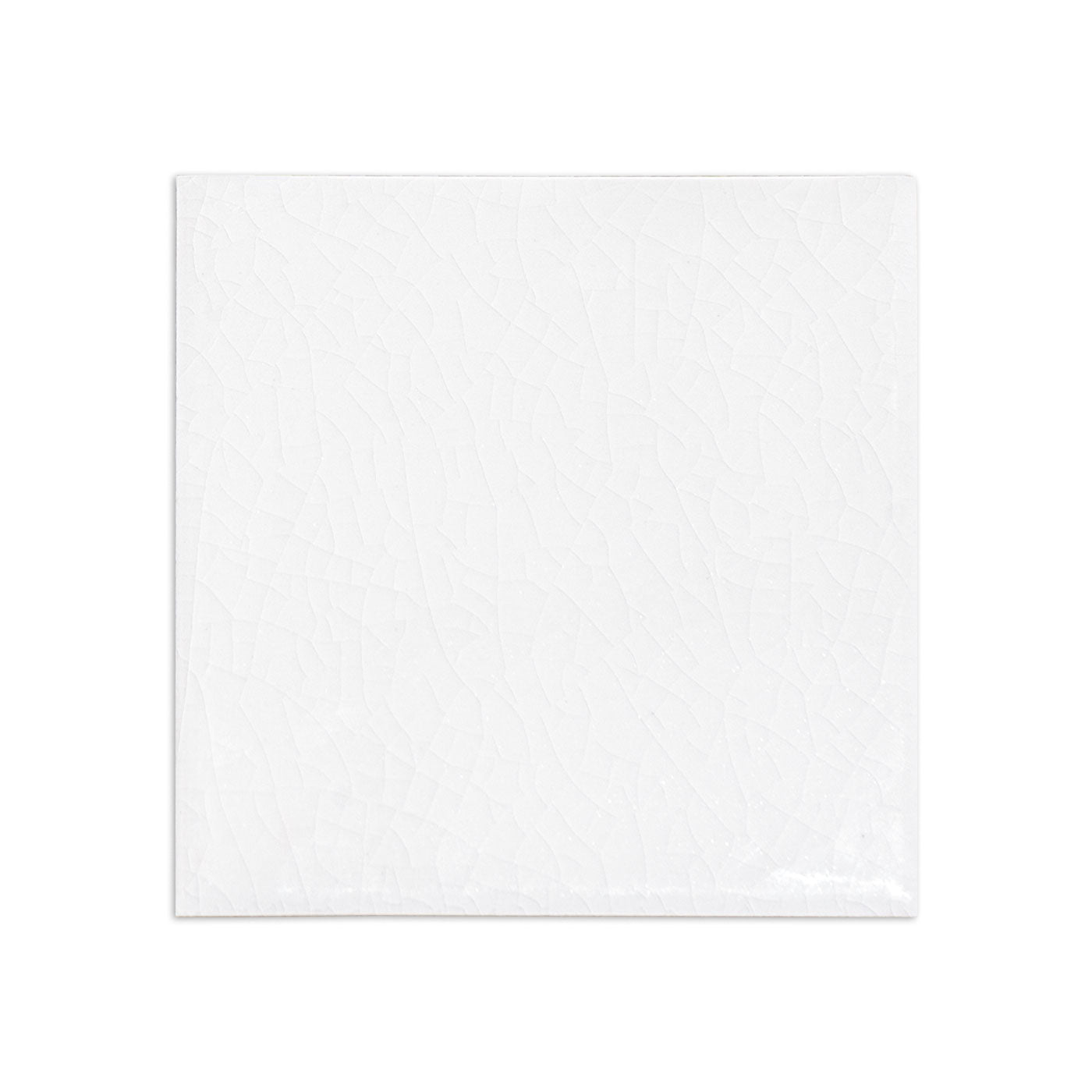 White 4x4 sample tile with a crackle gloss finish by Clay Imports, featuring a subtle network of fine cracks.