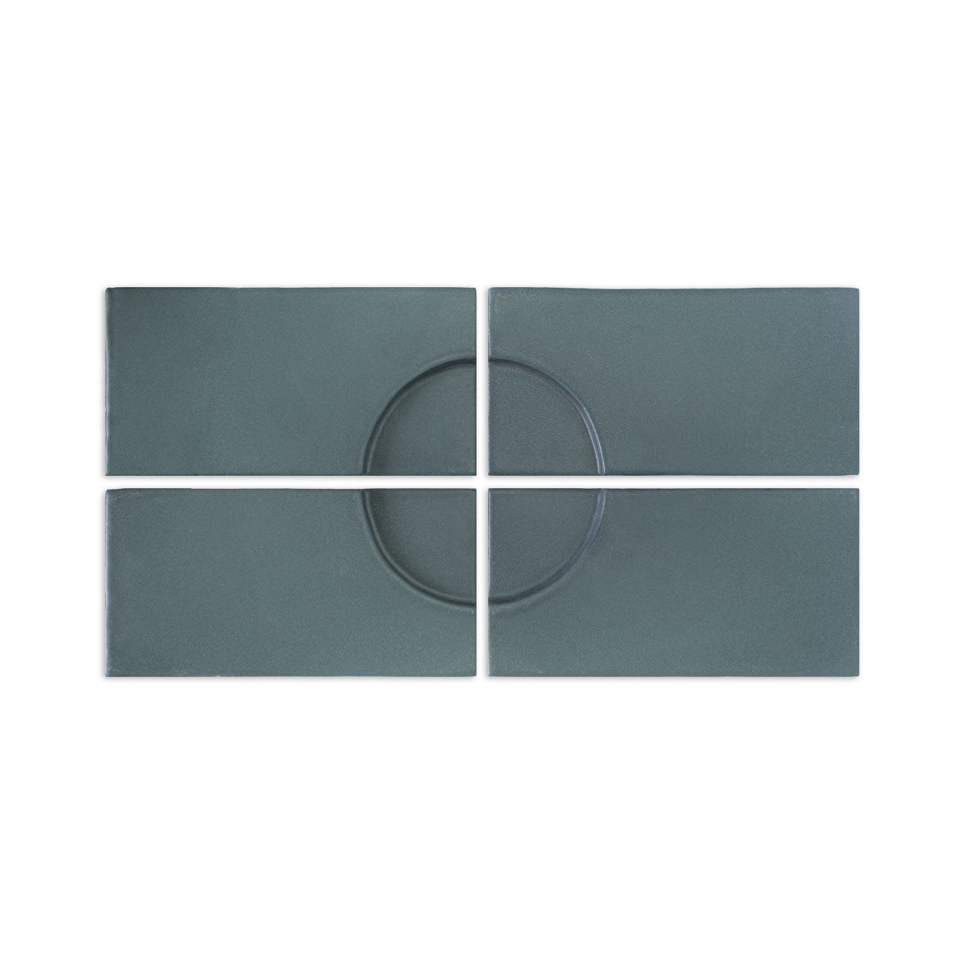 Deep teal rectangular tiles by Clay Imports, arranged to form an embossed circular pattern with a matte finish.