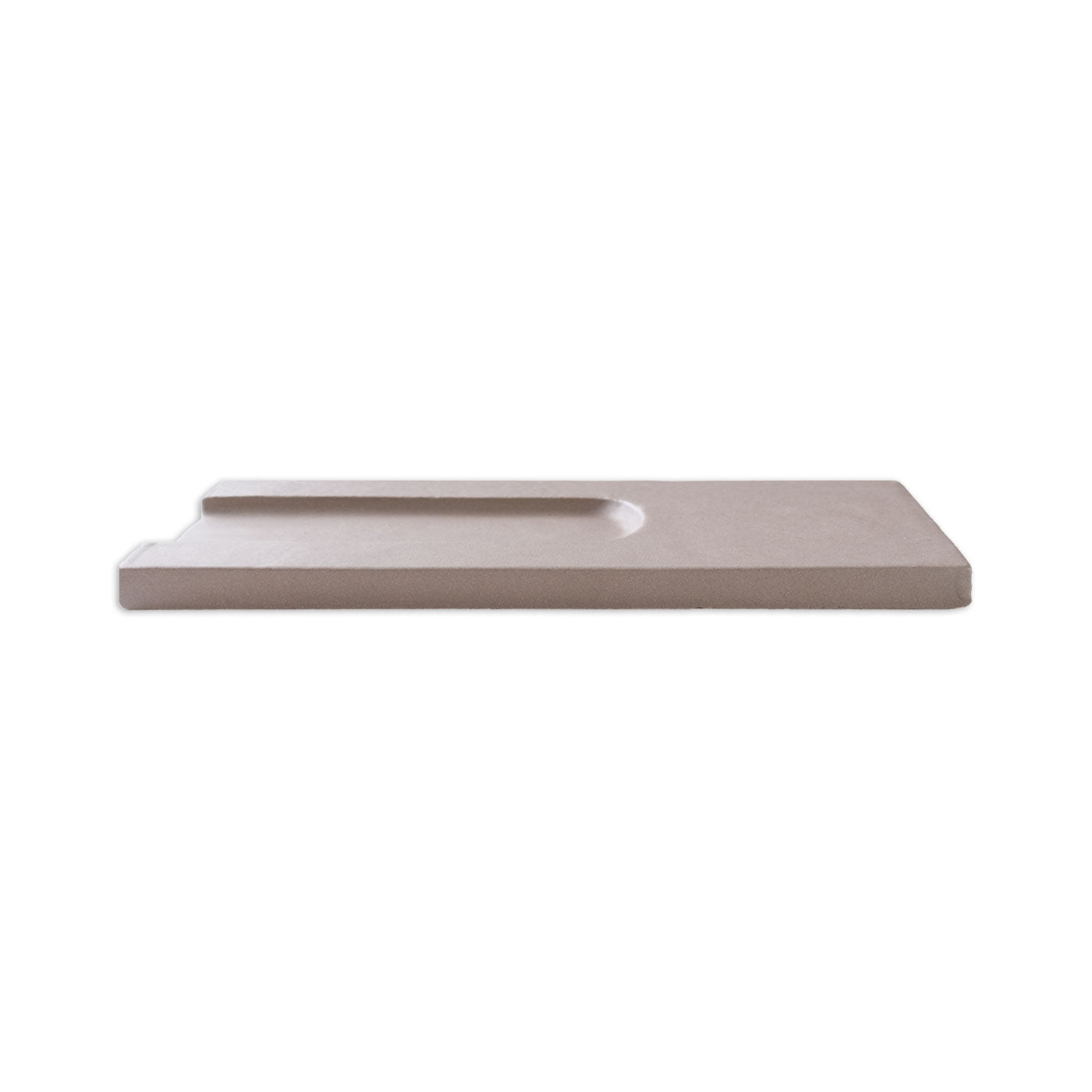 Brown Hueco Boot shape clay by Clay Imports, a side view with a raised edge and curved indentation.