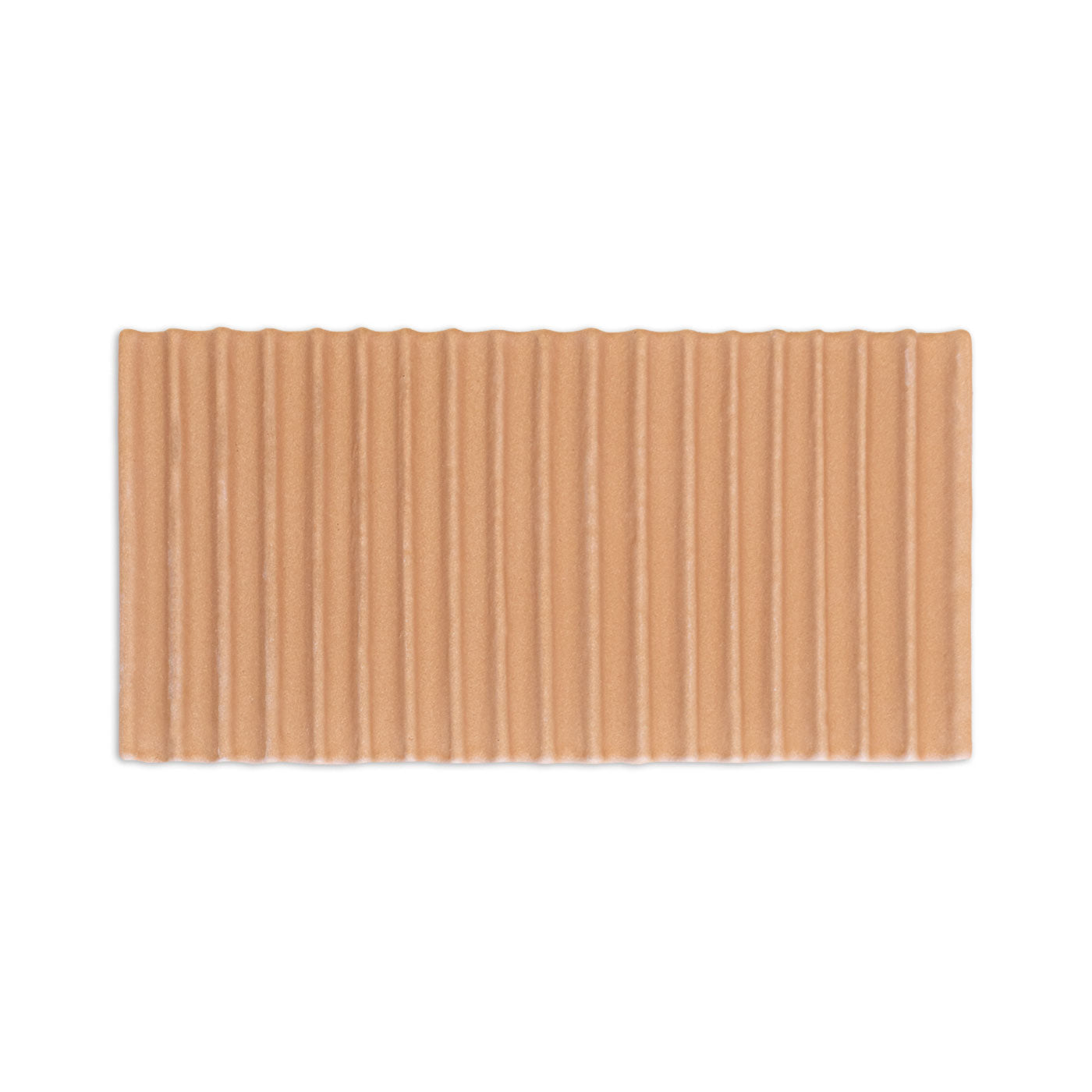 Corrugated light brown Zurco Tequila tile sample by Clay Imports with vertical ridges and wavy edges.