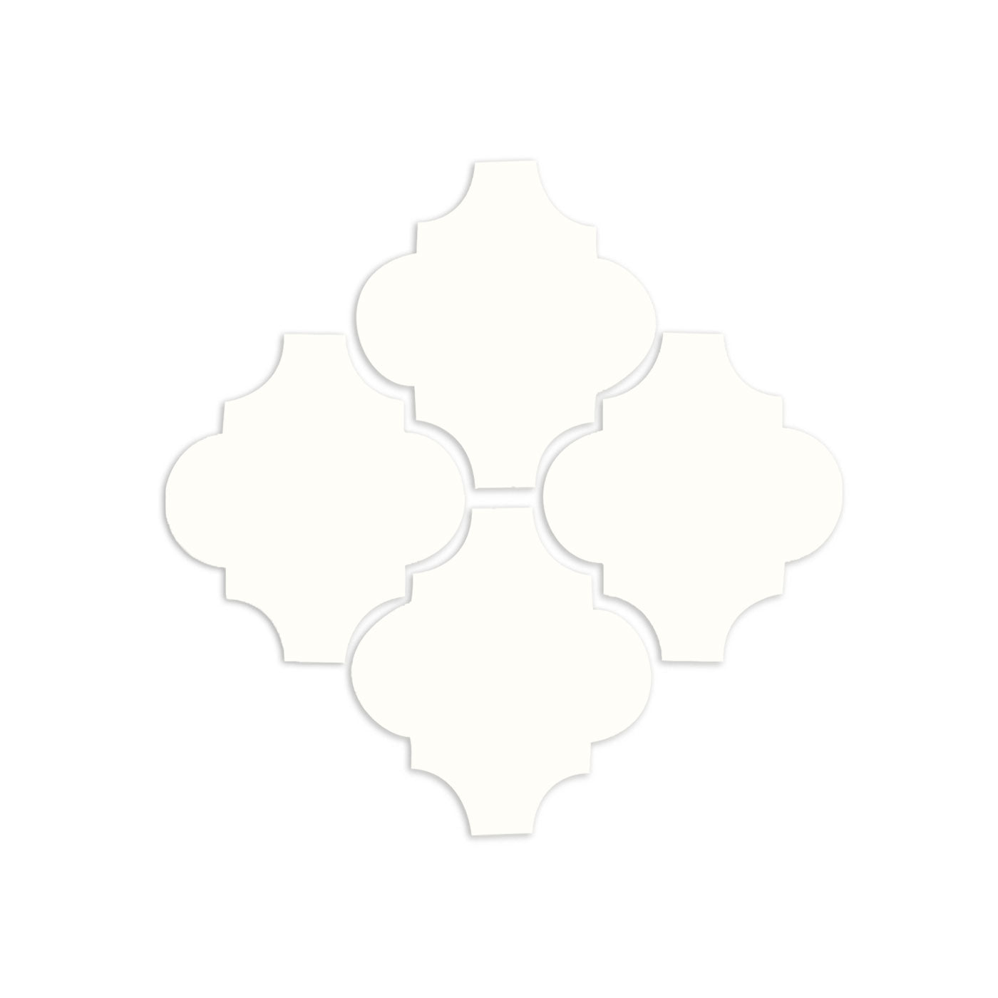 Chalk white arabesque tile sample by Clay Imports, showing four pieces arranged in a diamond pattern with subtle shadows.