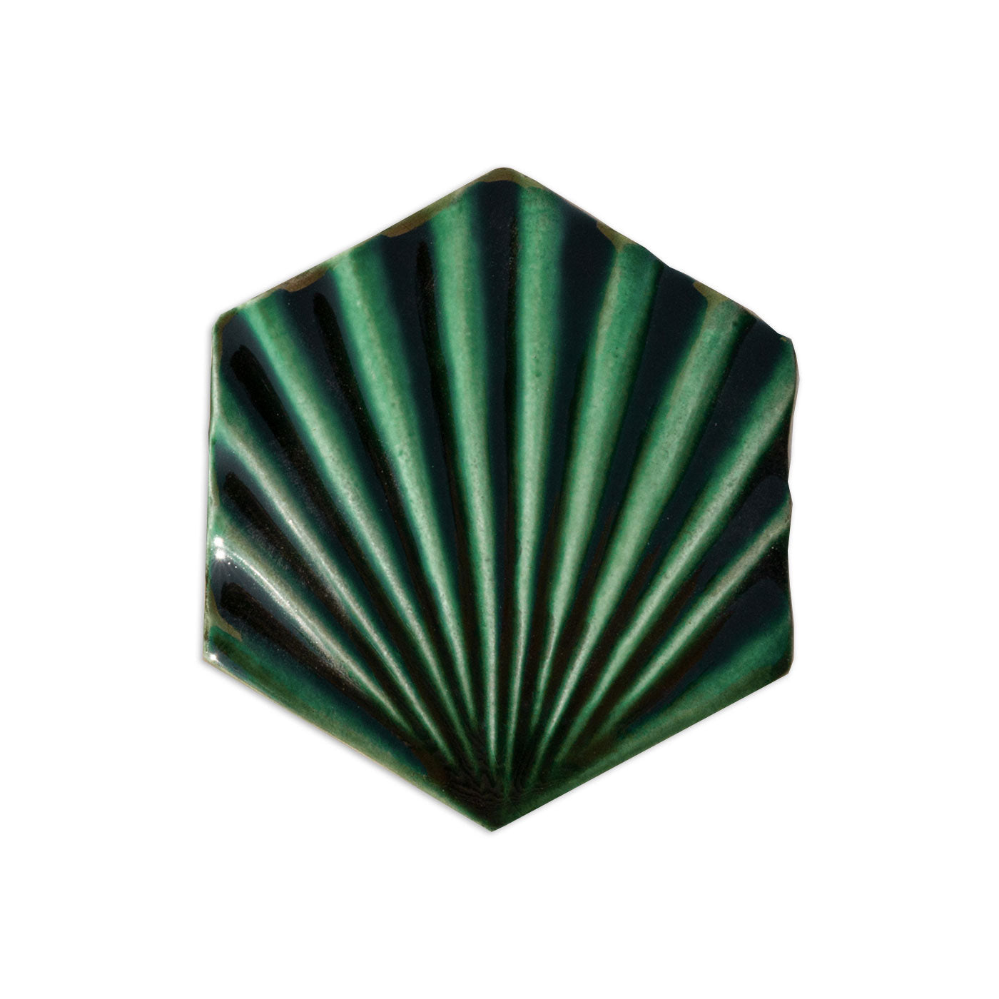 Emerald green hexagonal sample tile by Clay Imports, featuring a glossy, ribbed fan-like pattern.