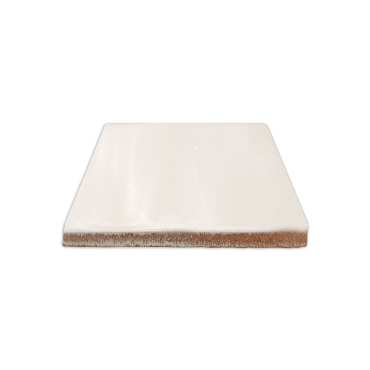 Leche 4.25x4.25 tile sample by Clay Imports with a smooth, glossy off-white surface and terracotta base.