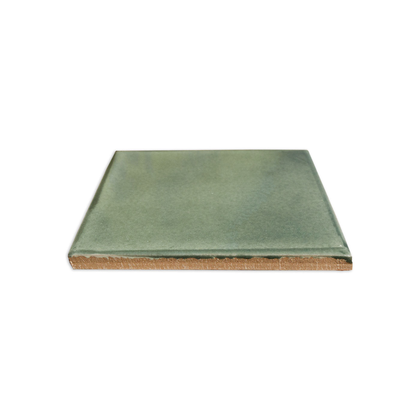 Green 4.25x4.25 tile sample by Clay Imports with a visible natural clay base, shown at an angle.