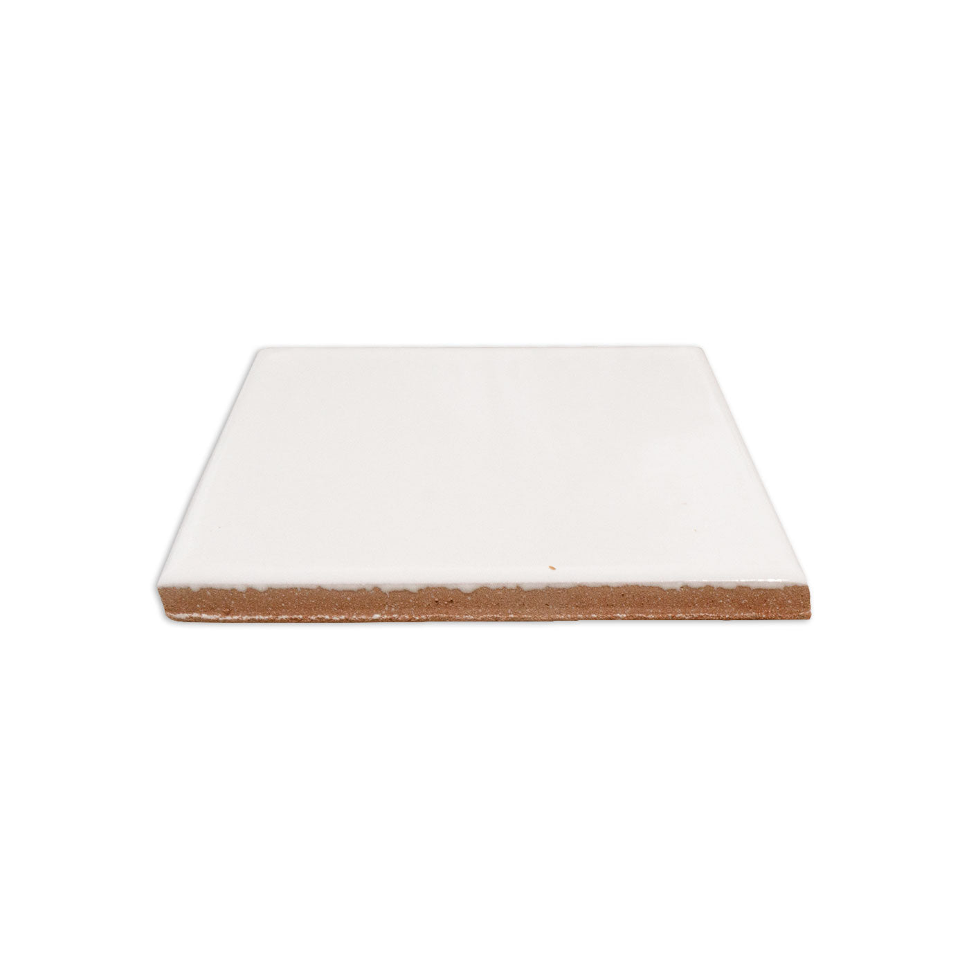 White square ceramic tile sample from Clay Imports, featuring a glossy surface and reddish-brown unglazed base, viewed from the side.