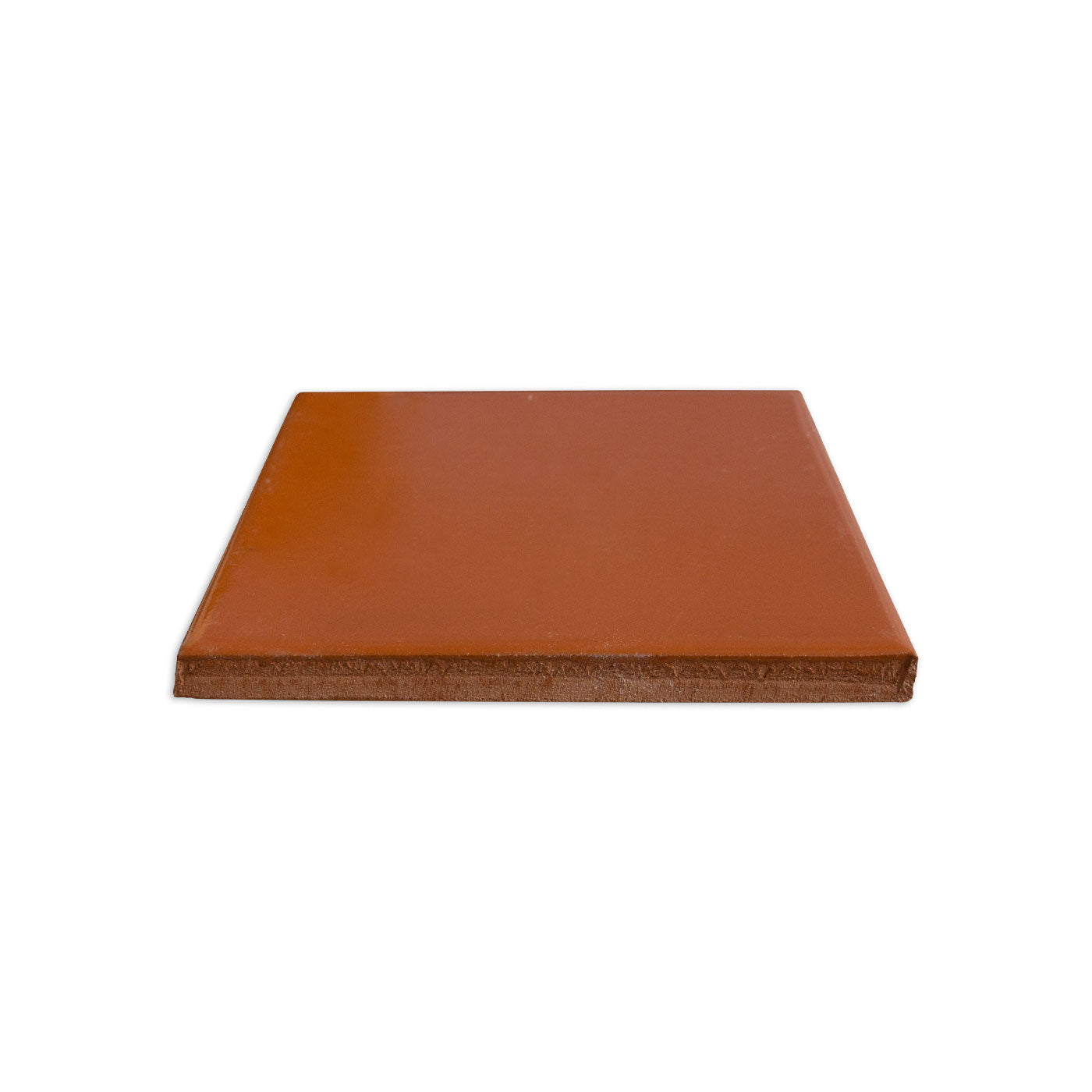Whiskey brown tile sample, 4.25x4.25 inches, by Clay Imports, showing smooth top and rougher side texture.